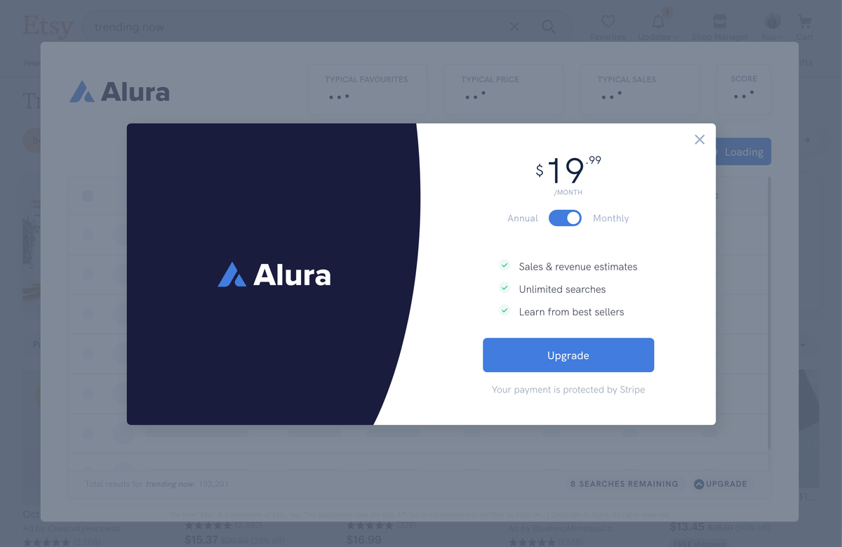 Alura pricing UI - 19.99 per month of 9.99 per month billed annually