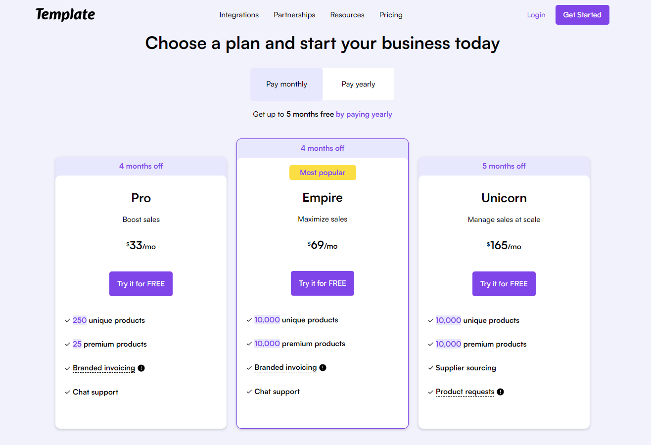 Software Pricing Table