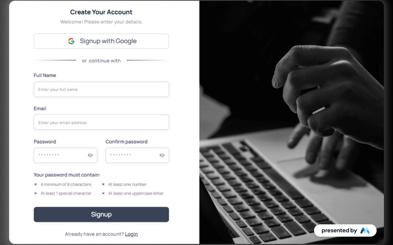 Aerokit UI Signup01 Split Screen