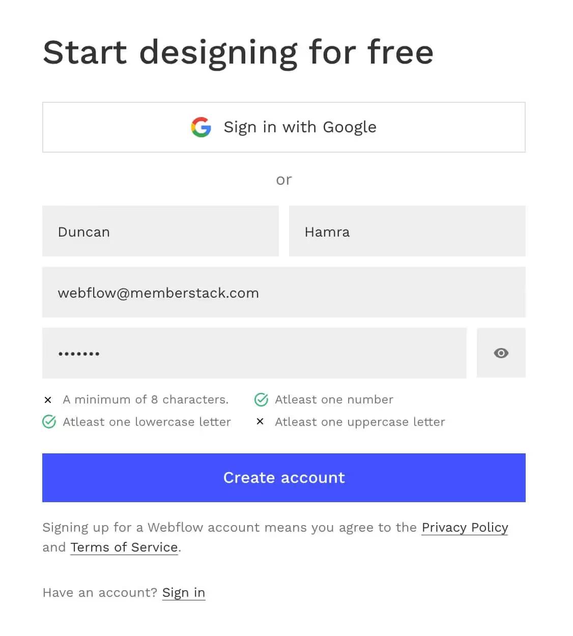 Webflow Sign Up Clone