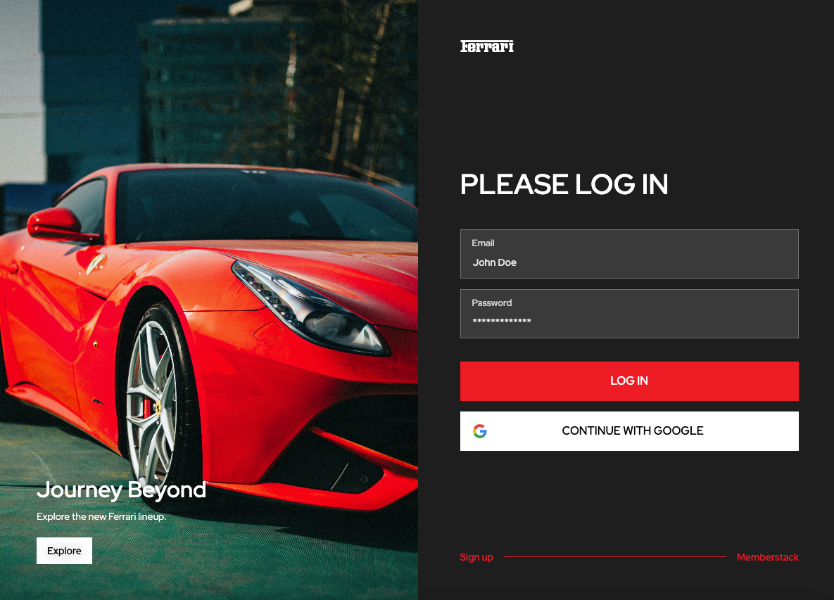 Ferrari Log In Screen