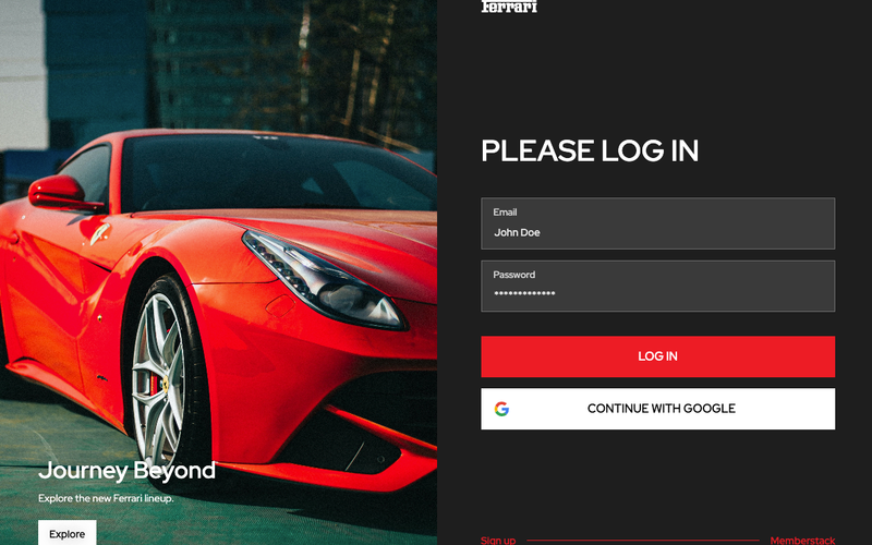 Ferrari Log In Screen