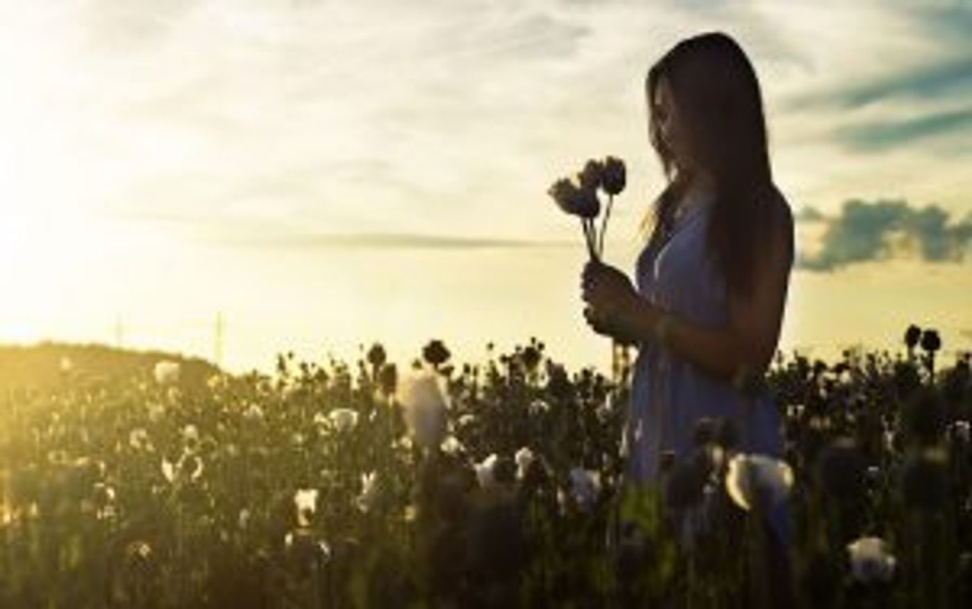 Frau mit zwei Blumen in der Hand im dämmrigen Blumenfeld als Sinnbild, wie Dankbarkeit unser Leben zum Erblühen bringt