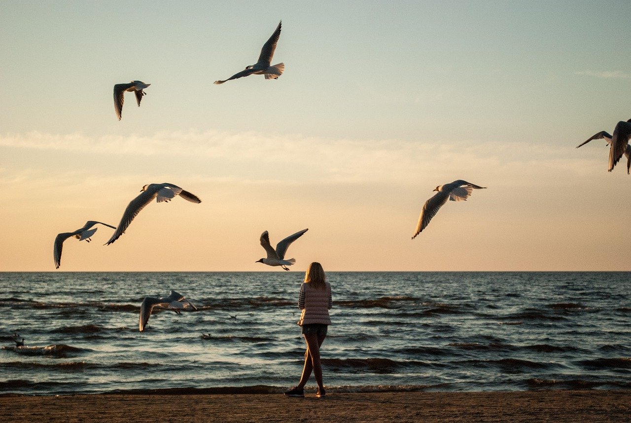 Frau am Meer mit Möwen über sich als Sinnbild für das Lösen von Gedanken und inneren Blockaden