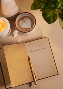 Tagebuch, Kaffeetasse und Stift als Sinnbild für eine schriftliche Dankbarkeitsübung