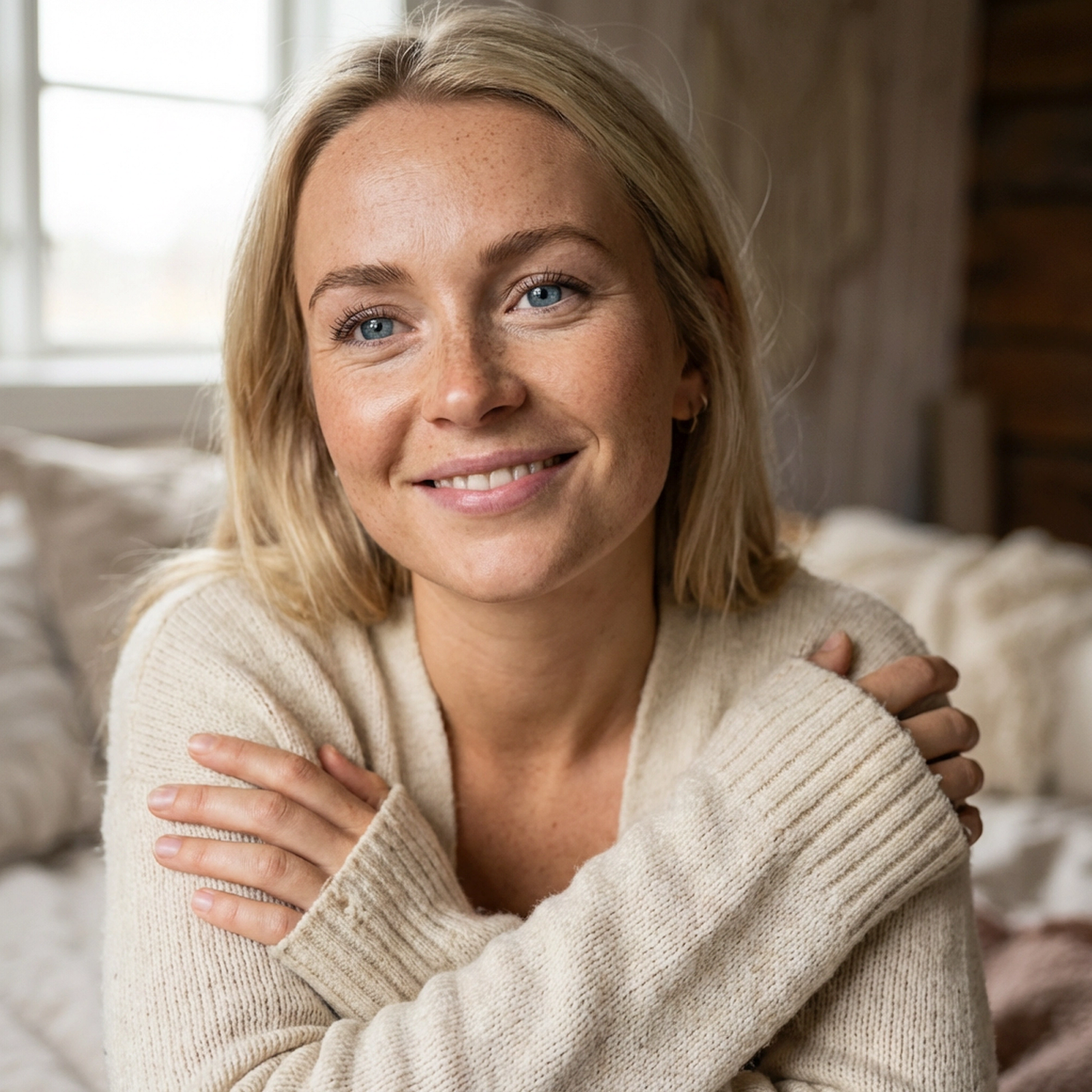 Blonde Frau lächelt und legt sich selbst die Arme auf die Schultern als Sinnbild für Selbstmitgefühl statt toxischer Positivität
