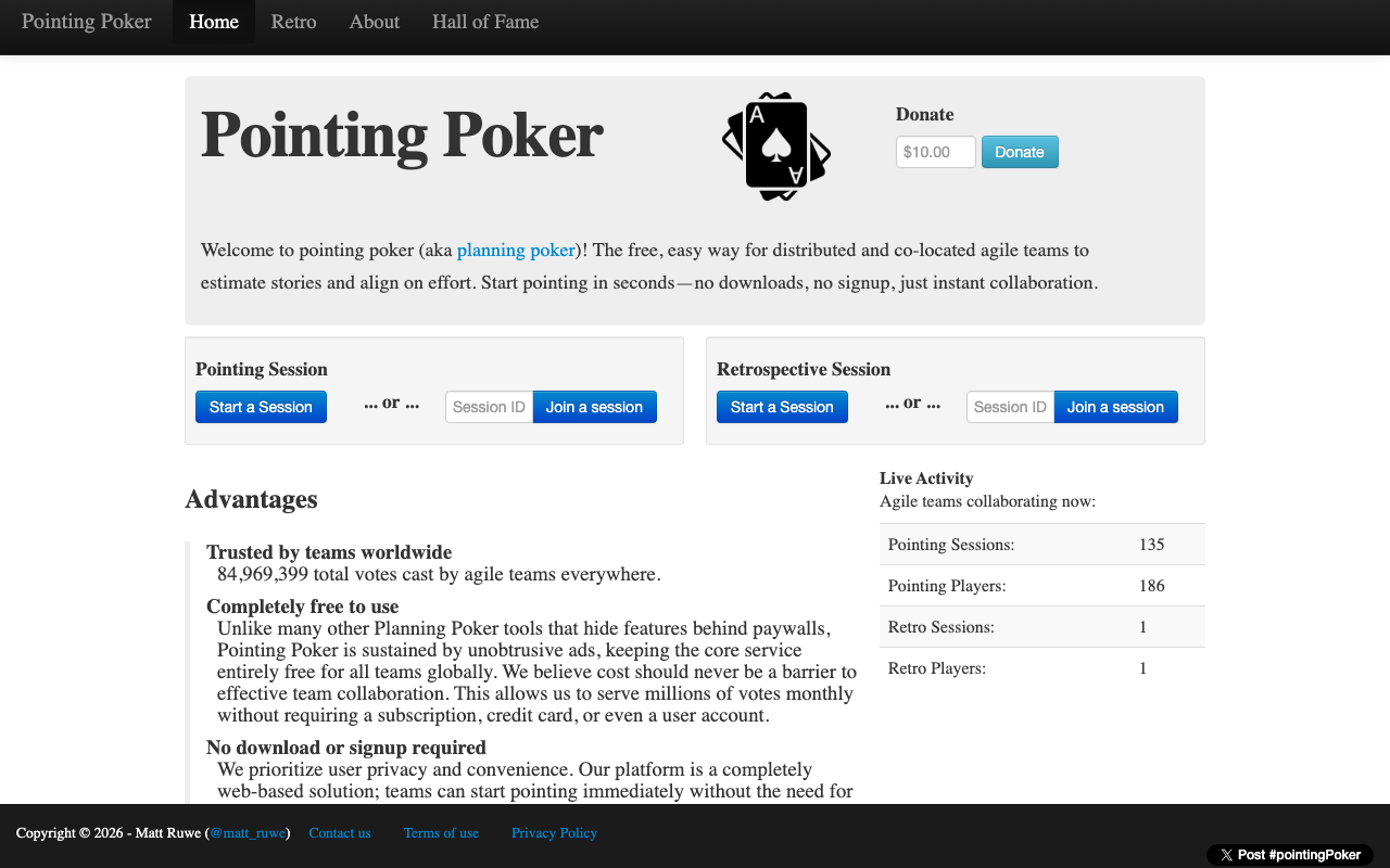Pointing Poker's homepage with instant pointing and retrospective session buttons.