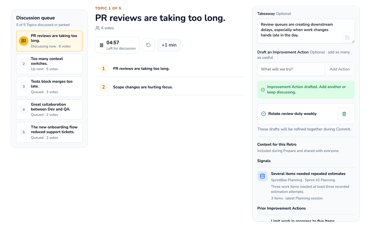 A Retro Room mid-discussion: the topic queue with its vote counts, the topic under discussion with its timer and notes, and the panel where the takeaway and an improvement action are written.