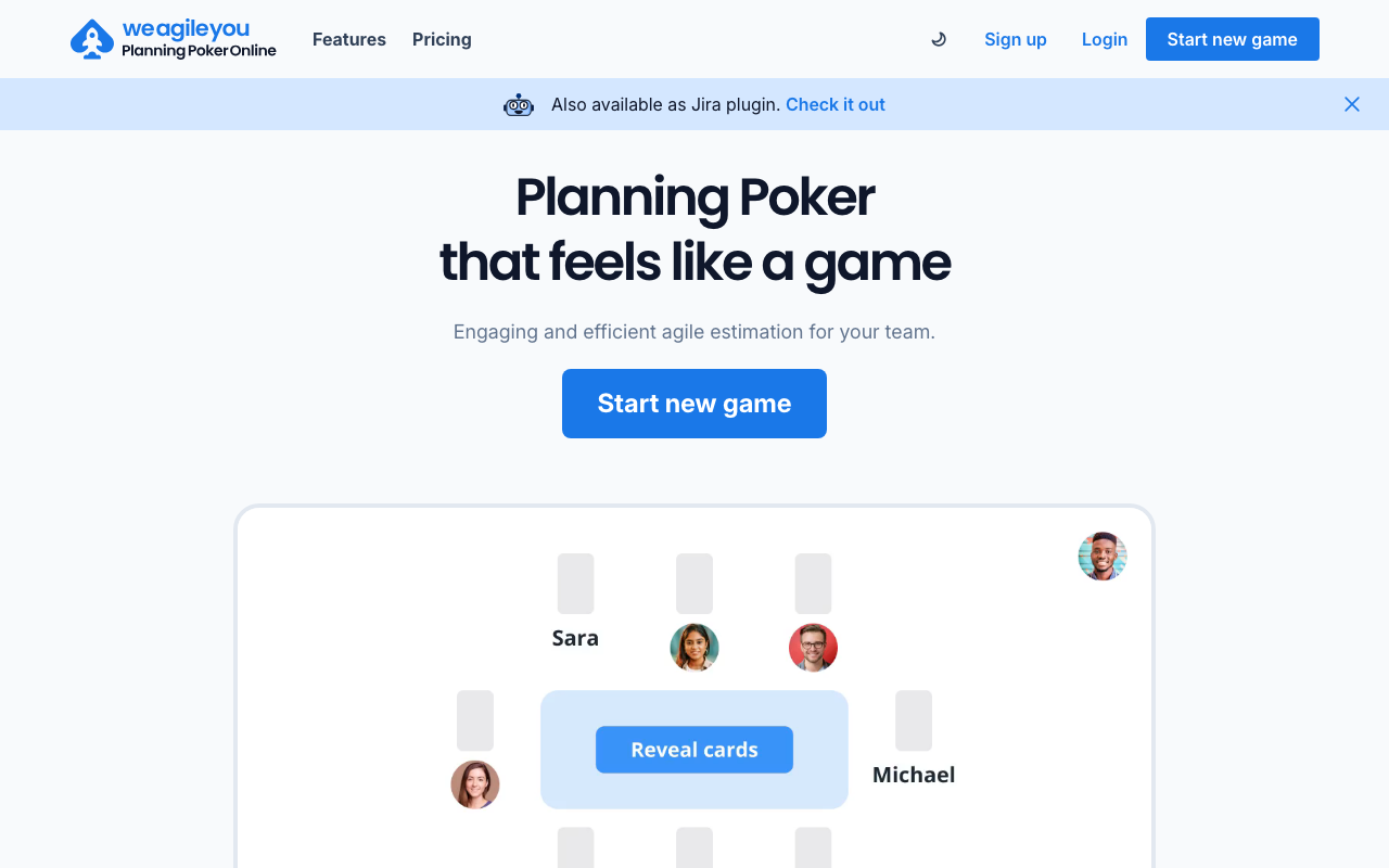 Planning Poker Online homepage showing a game table with players and a Reveal cards button.
