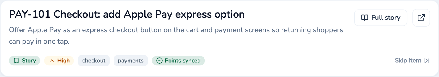A Jira work item on stage with its accepted estimate written back, confirmed by a Points synced badge.