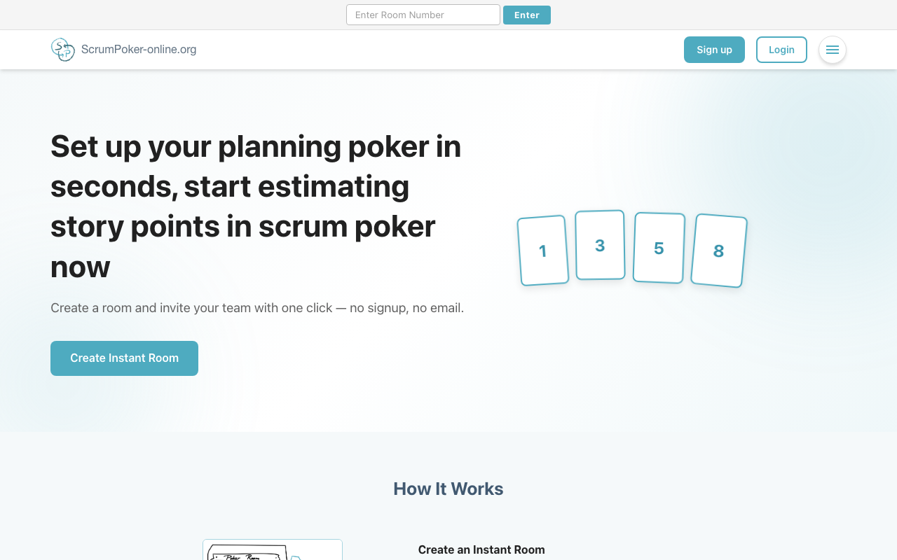 Scrum Poker Online's homepage with instant room creation and estimation cards.