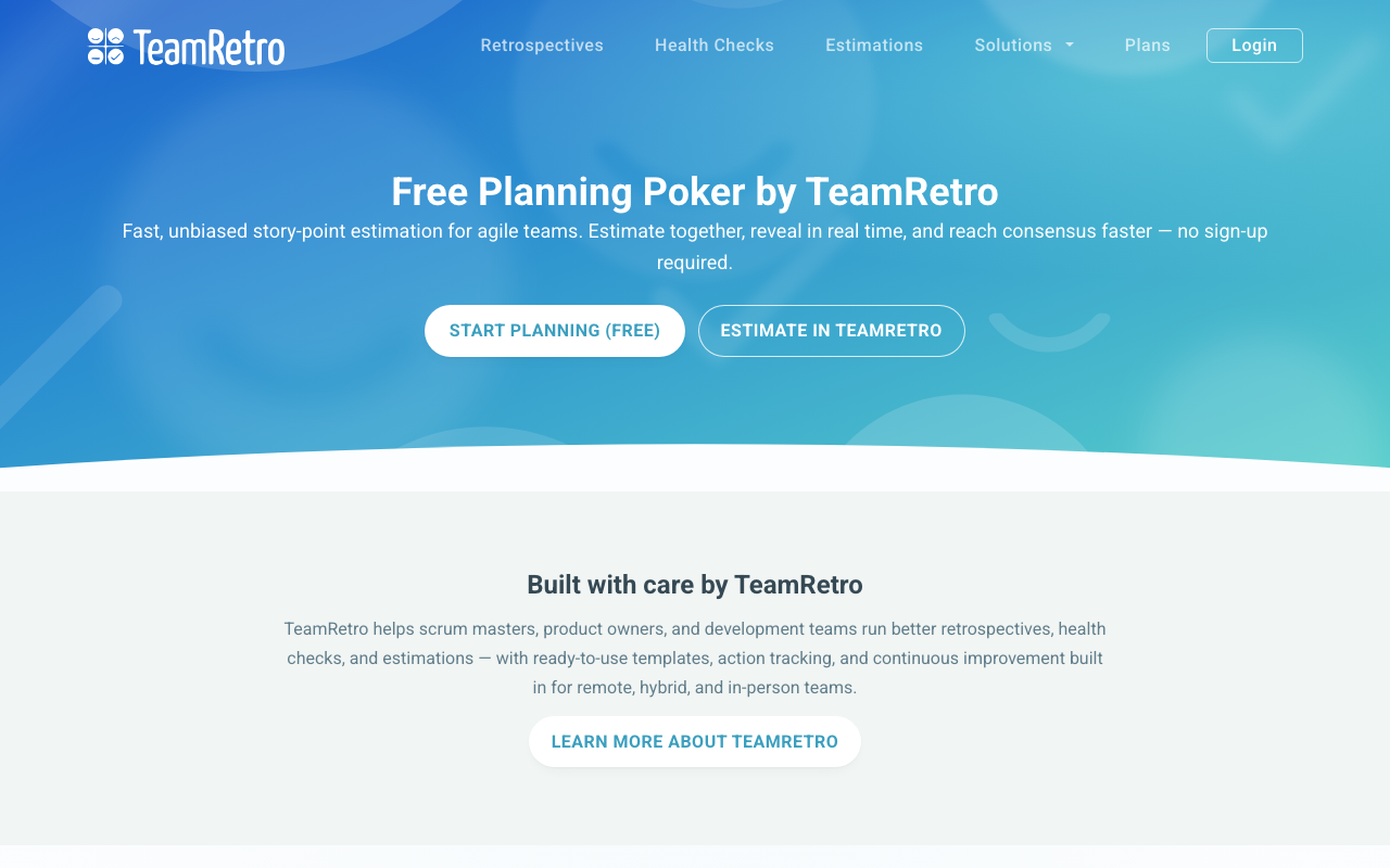 TeamRetro's free planning poker page with its estimation meeting call to action.