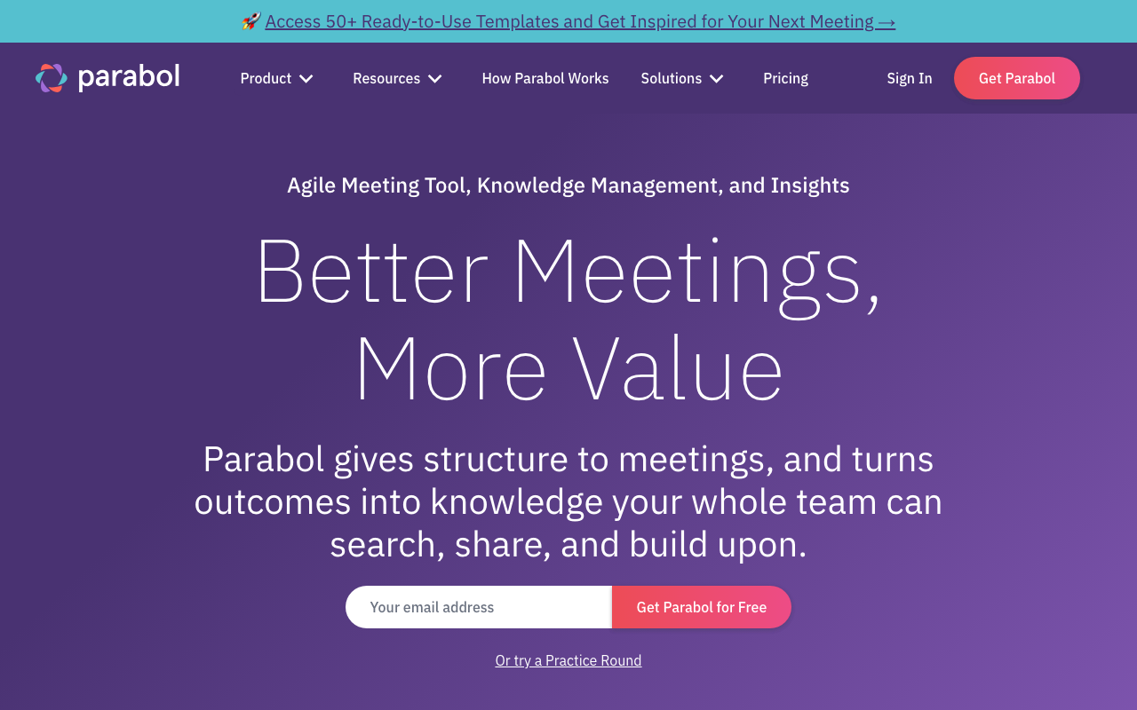 Parabol homepage introducing its agile meeting tool for retrospectives, standups, and Sprint Poker.