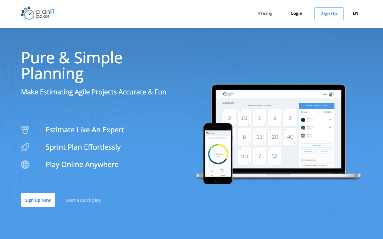 PlanITpoker's homepage showing its estimation room on desktop and mobile.