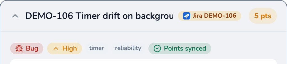 A completed item's history row showing an accepted story point value and a Jira sync badge confirming the estimate was written back to the linked issue.