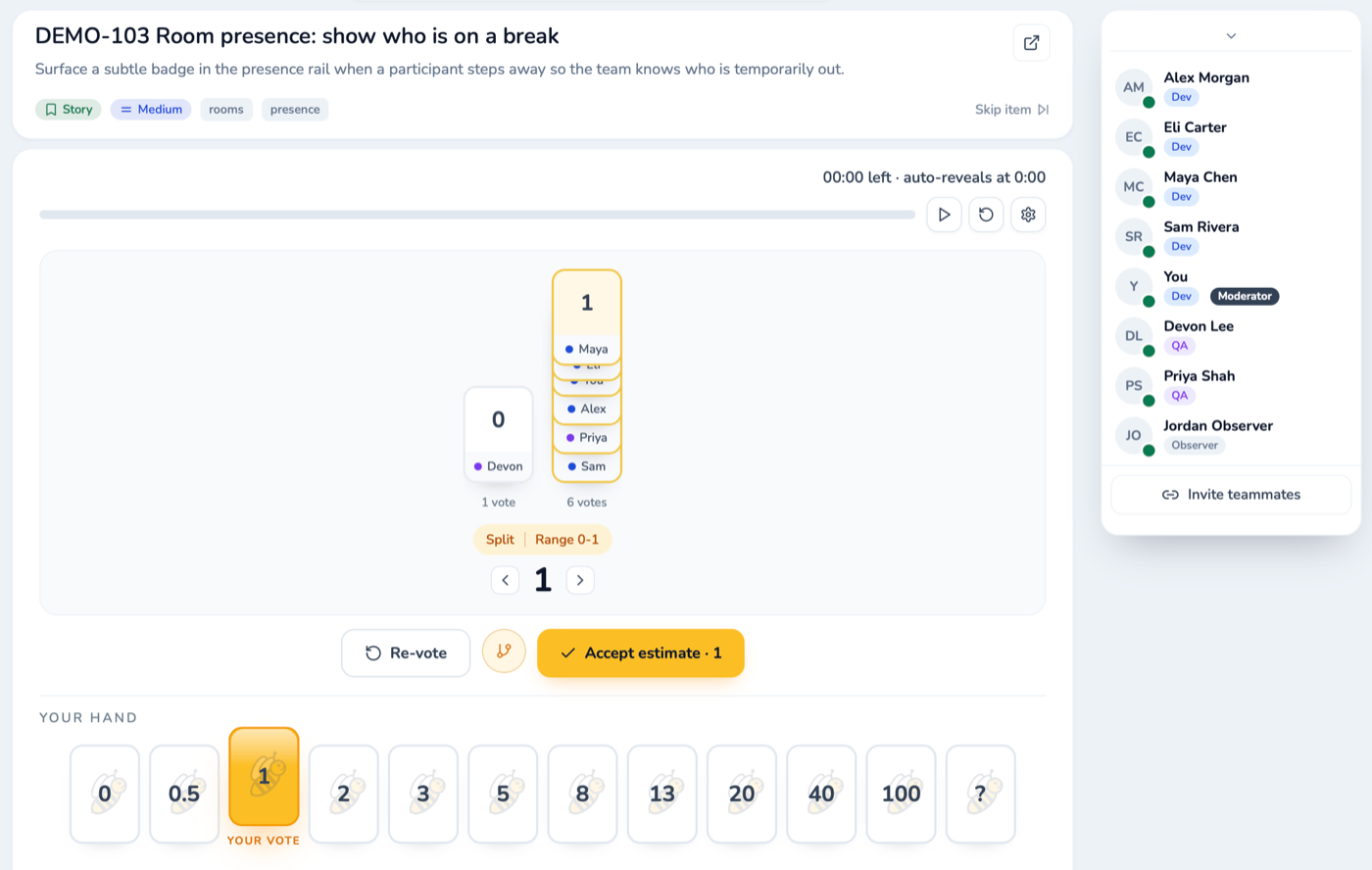 A SprintBee room mid-session: revealed votes on a story with the participant list alongside.