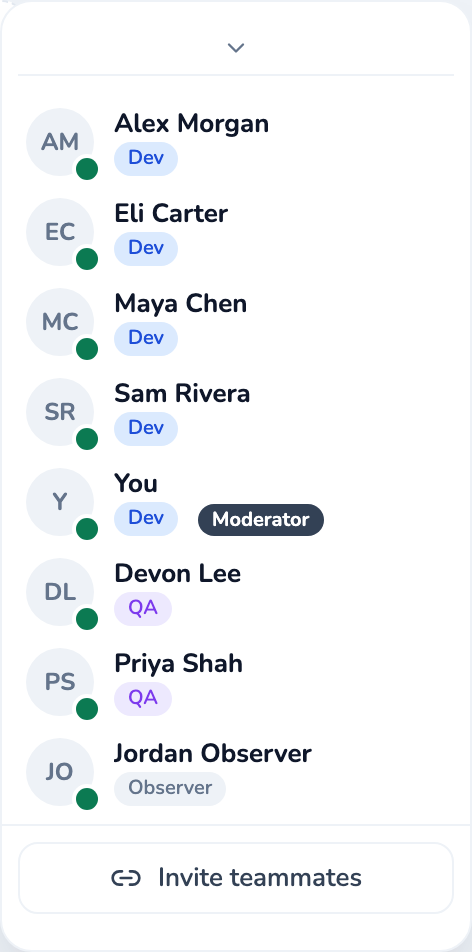 The Participants panel listing teammates with their Dev, QA, or Observer role and a Moderator tag.