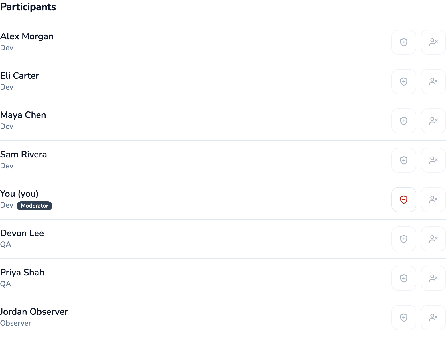 The Participants tab in Room settings, showing each teammate's role and a control for taking over as moderator.