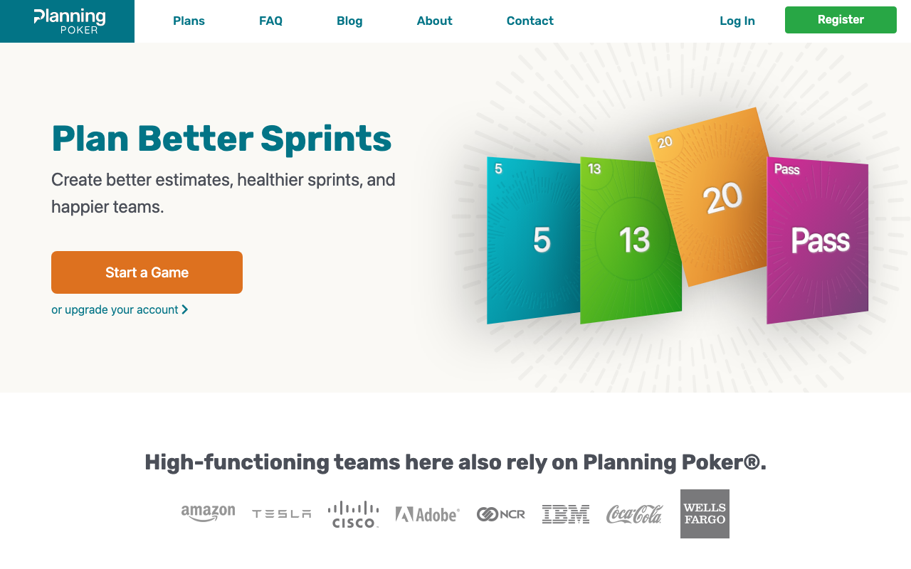 PlanningPoker.com homepage with its Plan Better Sprints headline and estimation cards.