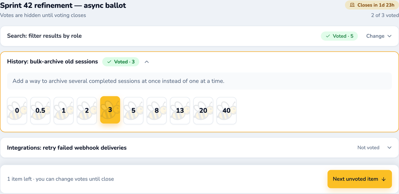 An async ballot: two items voted, one still open, with a close deadline and per-item receipts.