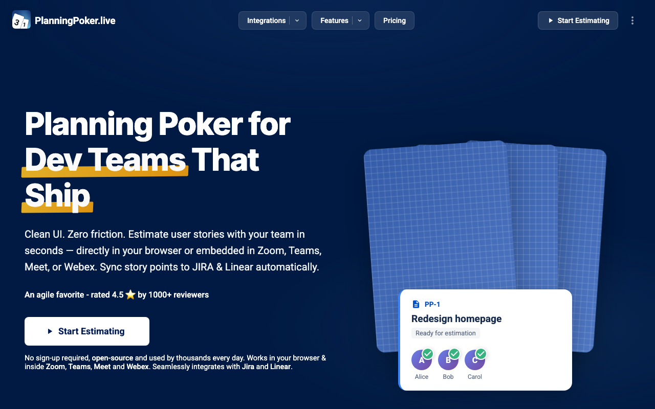 PlanningPoker.live homepage showing planning poker cards and an estimation-ready story.