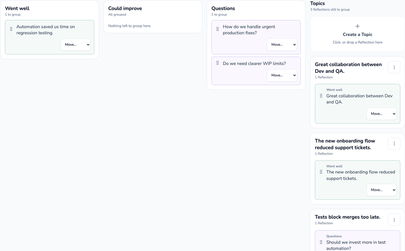 The Organize stage with revealed notes being moved from prompt columns into named topics.