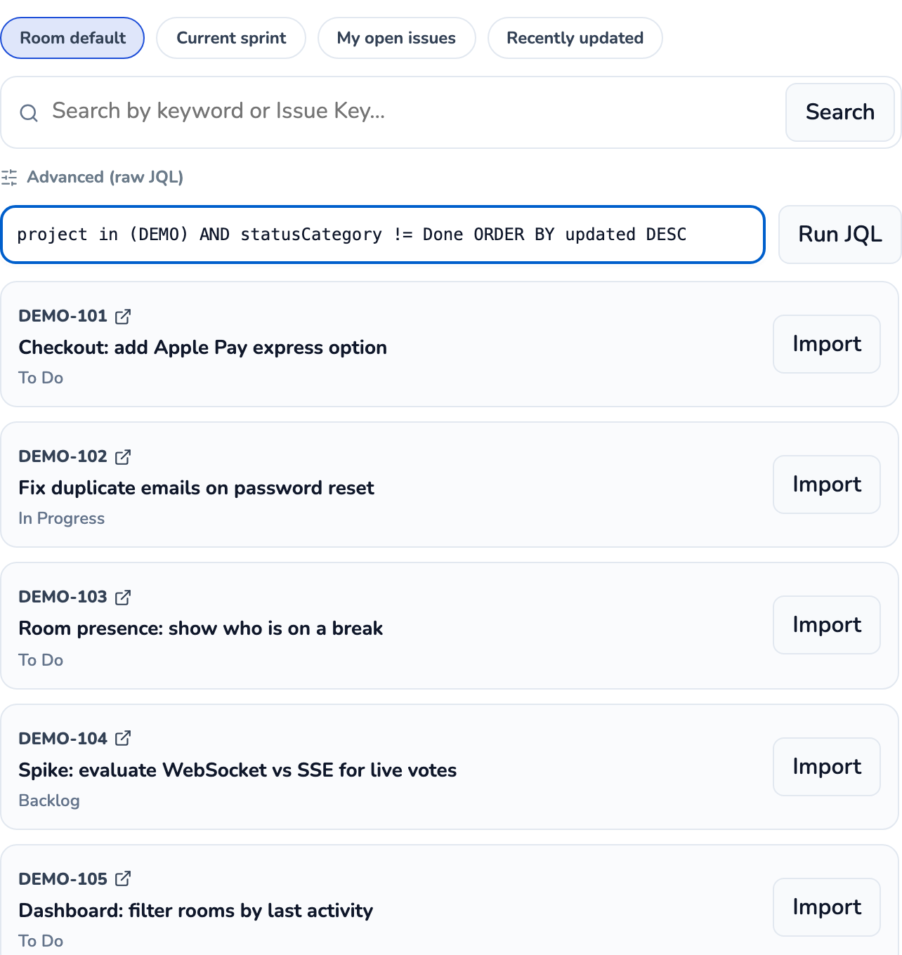 The connected Jira search and import panel with issue results ready to add to a Planning Room.
