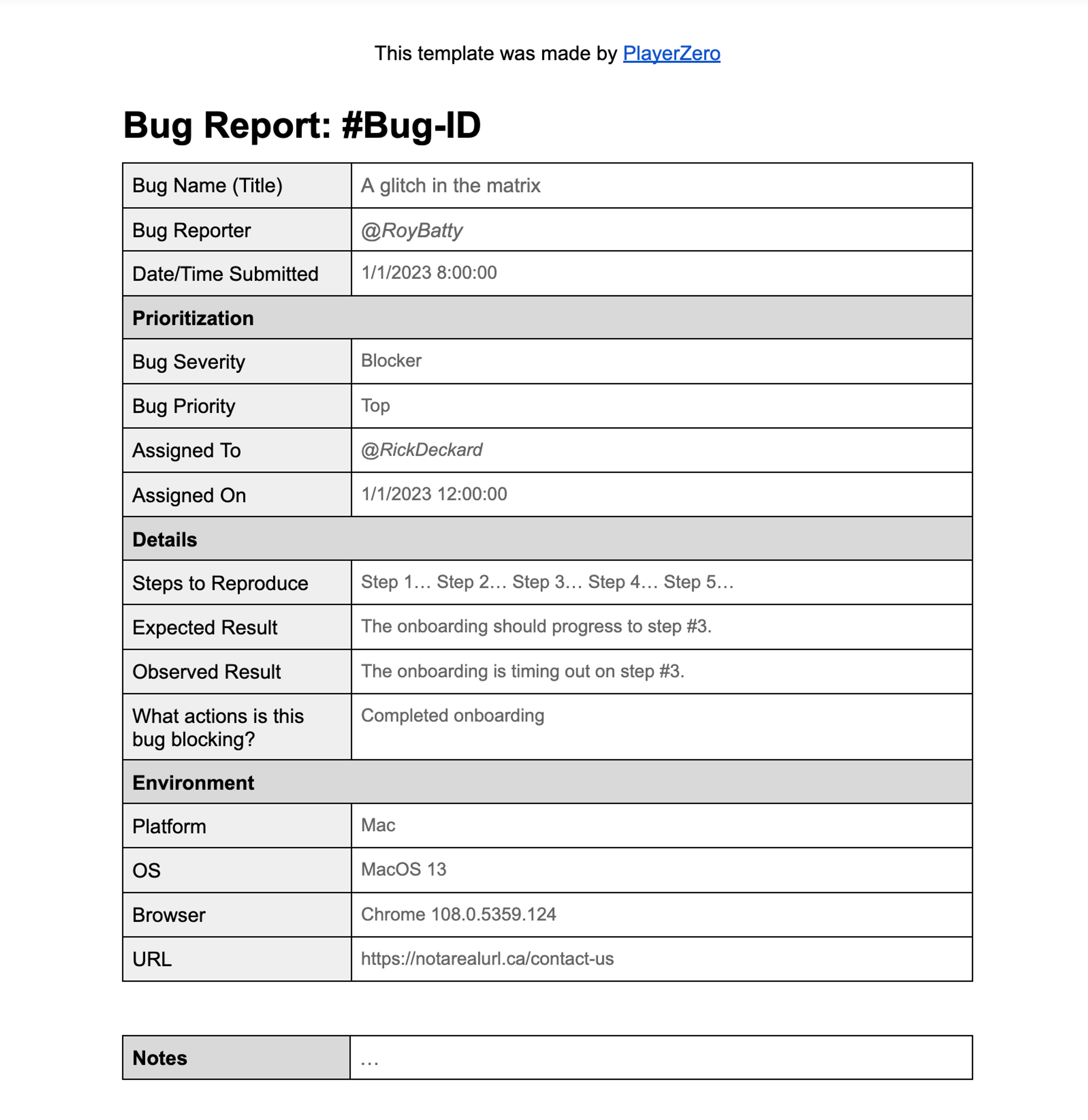 Google Docs bug report template