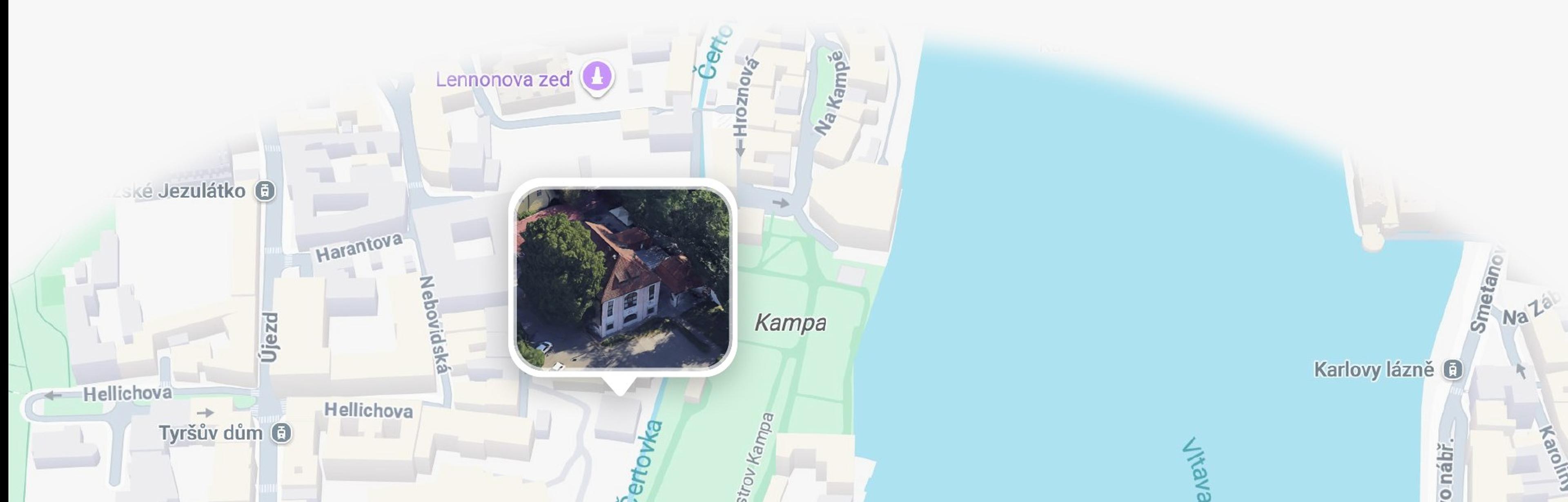 Mapa Malé Strany s vyznačeným domem TYRŠ v Nosticově ulici