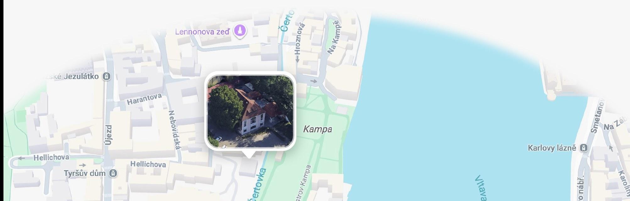 Mapa Malé Strany s vyznačeným domem TYRŠ v Nosticově ulici