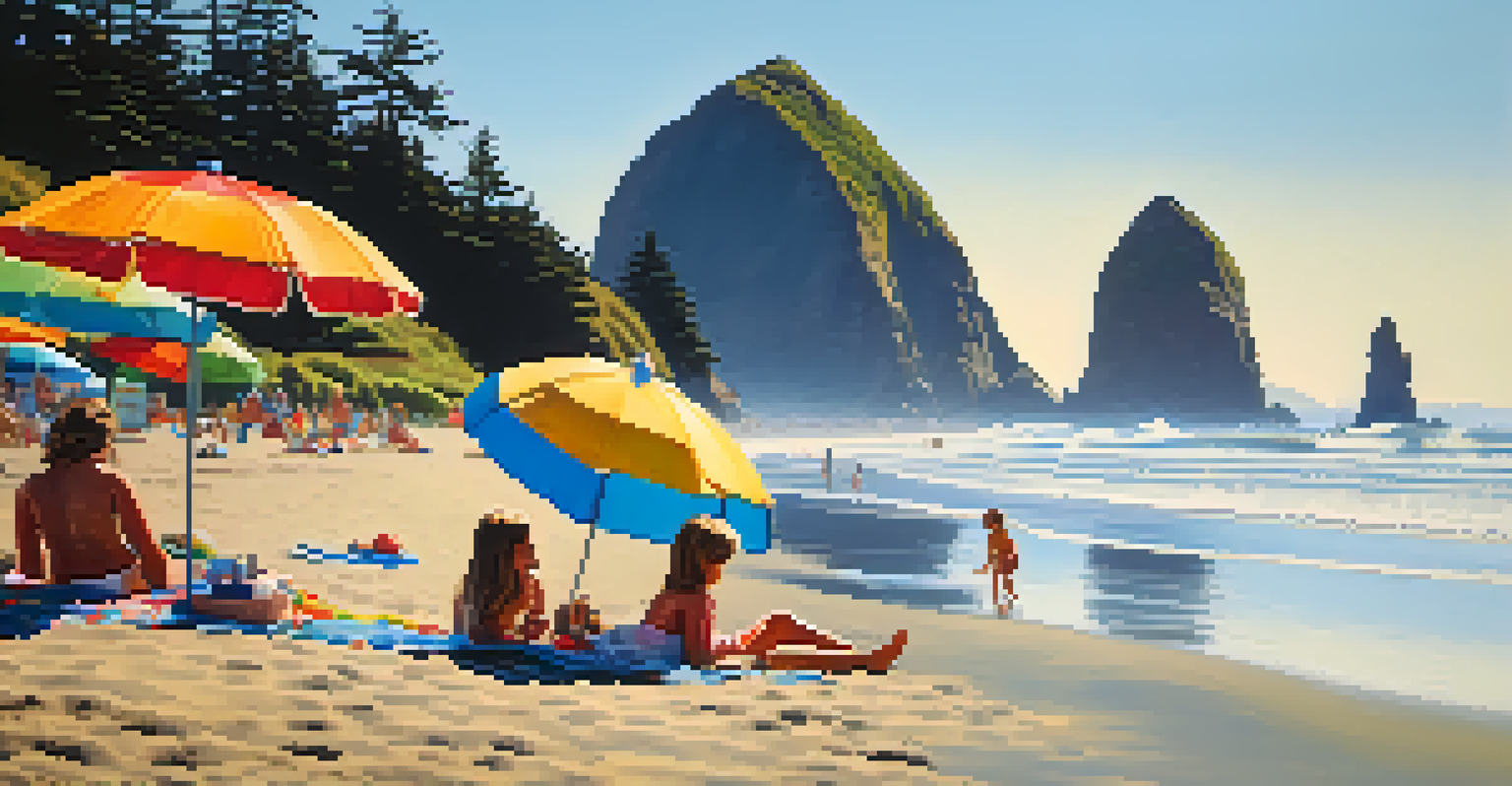A family at Cannon Beach with Haystack Rock, colorful umbrellas, and people enjoying the sun.