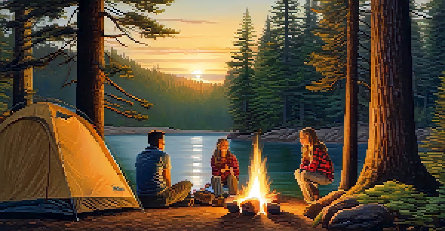 A family camping by a lake in Oregon's forest, with a campfire and tall trees in the background during sunset.