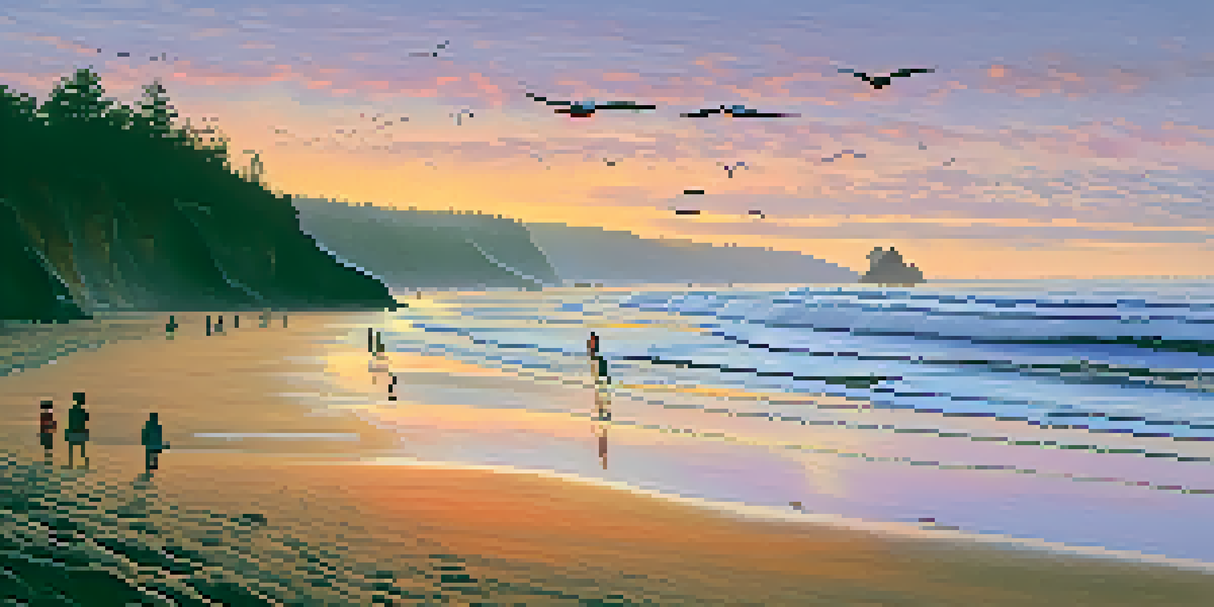 A beautiful sunset over Oregon's coastline with sandy beaches, rocky cliffs, and seabirds soaring in the sky.