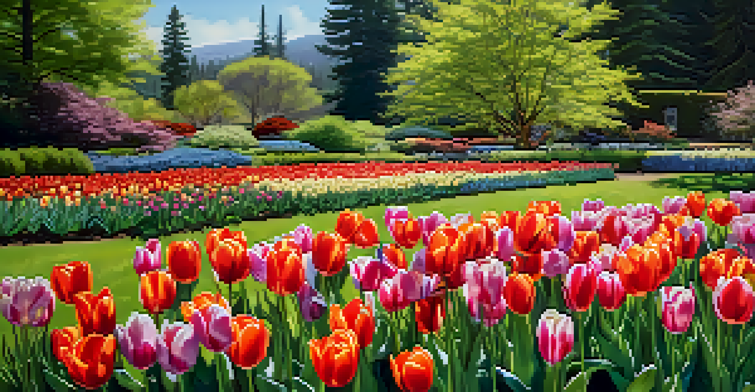 A colorful spring garden with blooming tulips and greenery under a blue sky.