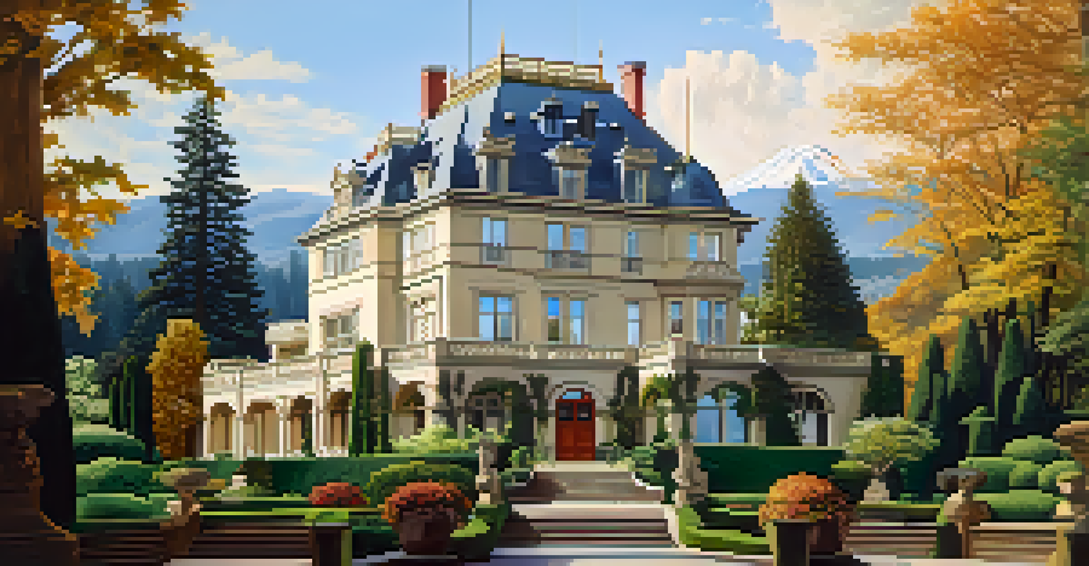 Pittock Mansion with stunning views of Portland and Mount Hood in the background.