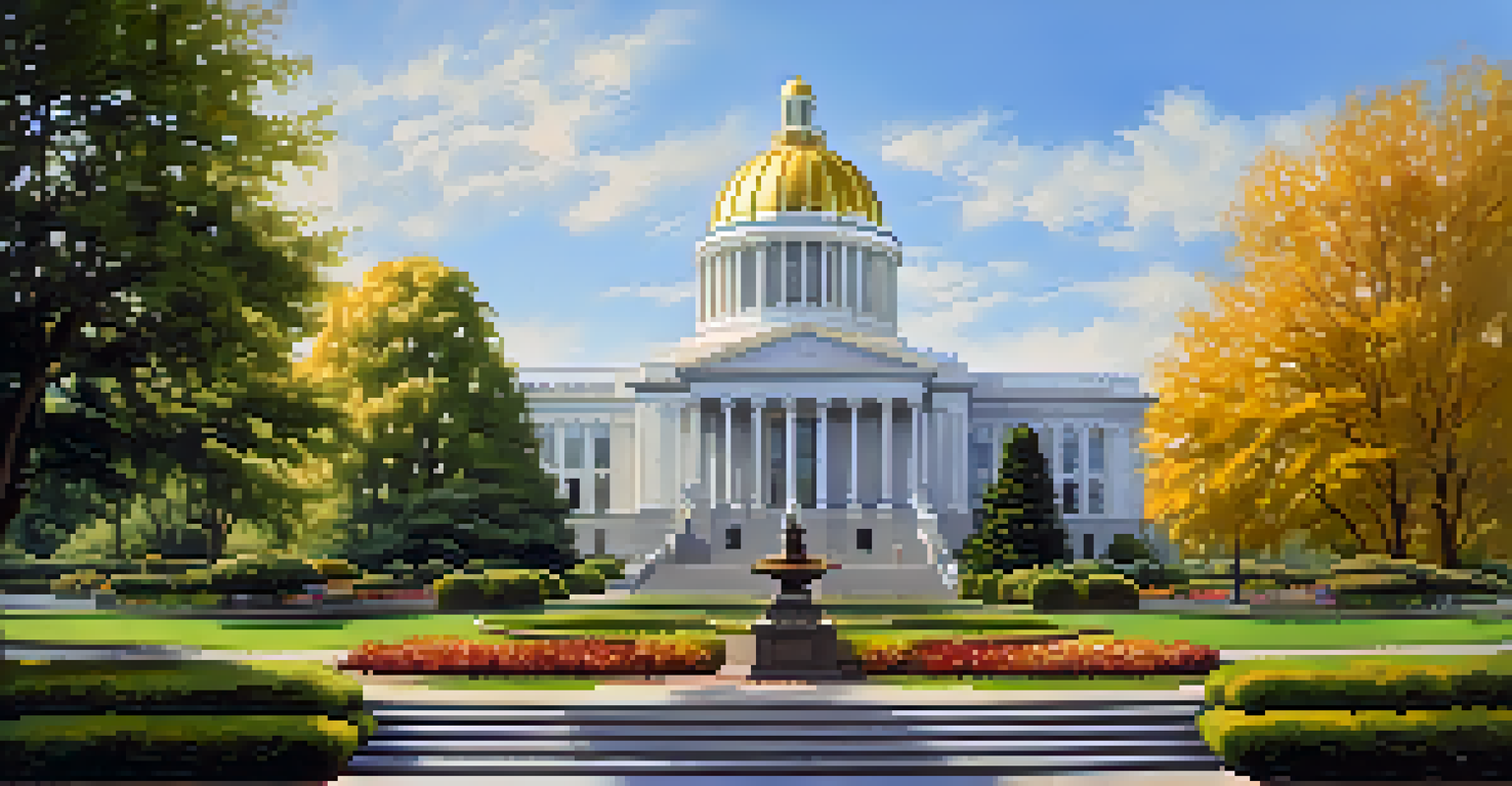 The Oregon State Capitol building with a golden dome surrounded by lush gardens and historical monuments, under a bright sunny sky.