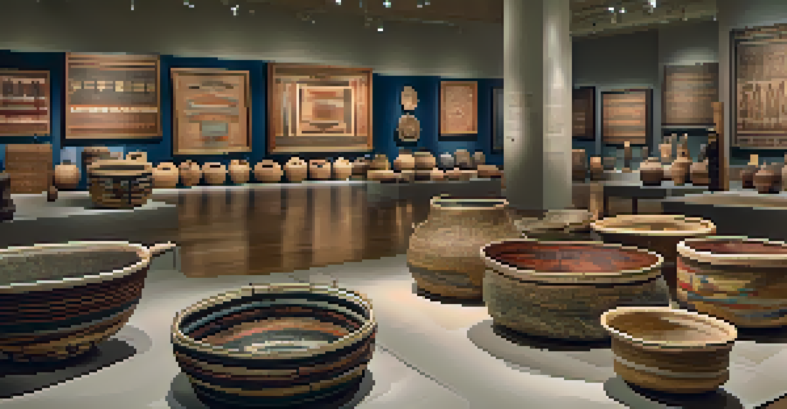 An exhibition in a museum featuring Native American artifacts, with detailed artifacts displayed under warm lighting.