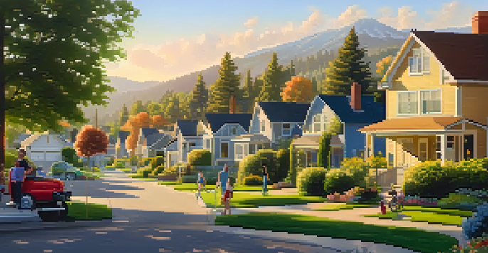A suburban neighborhood in Oregon with charming houses, families outdoors, and a sunset backdrop.