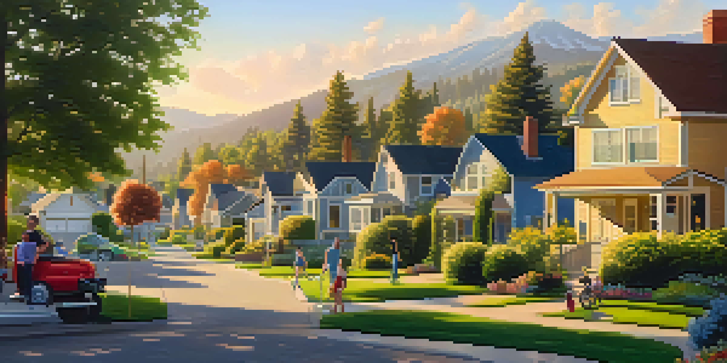 A suburban neighborhood in Oregon with charming houses, families outdoors, and a sunset backdrop.