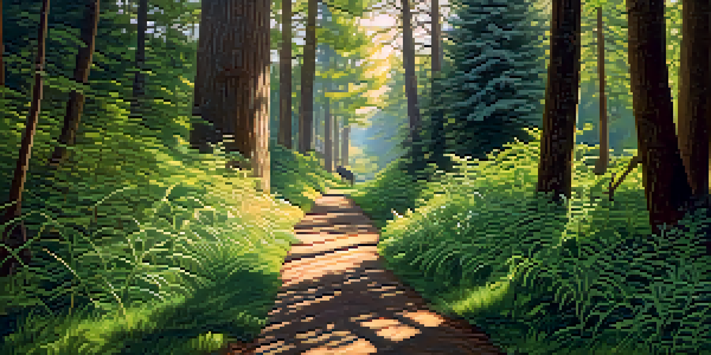 A serene wildlife corridor in Oregon, with a deer walking along a green pathway surrounded by trees and plants, illuminated by soft sunlight.