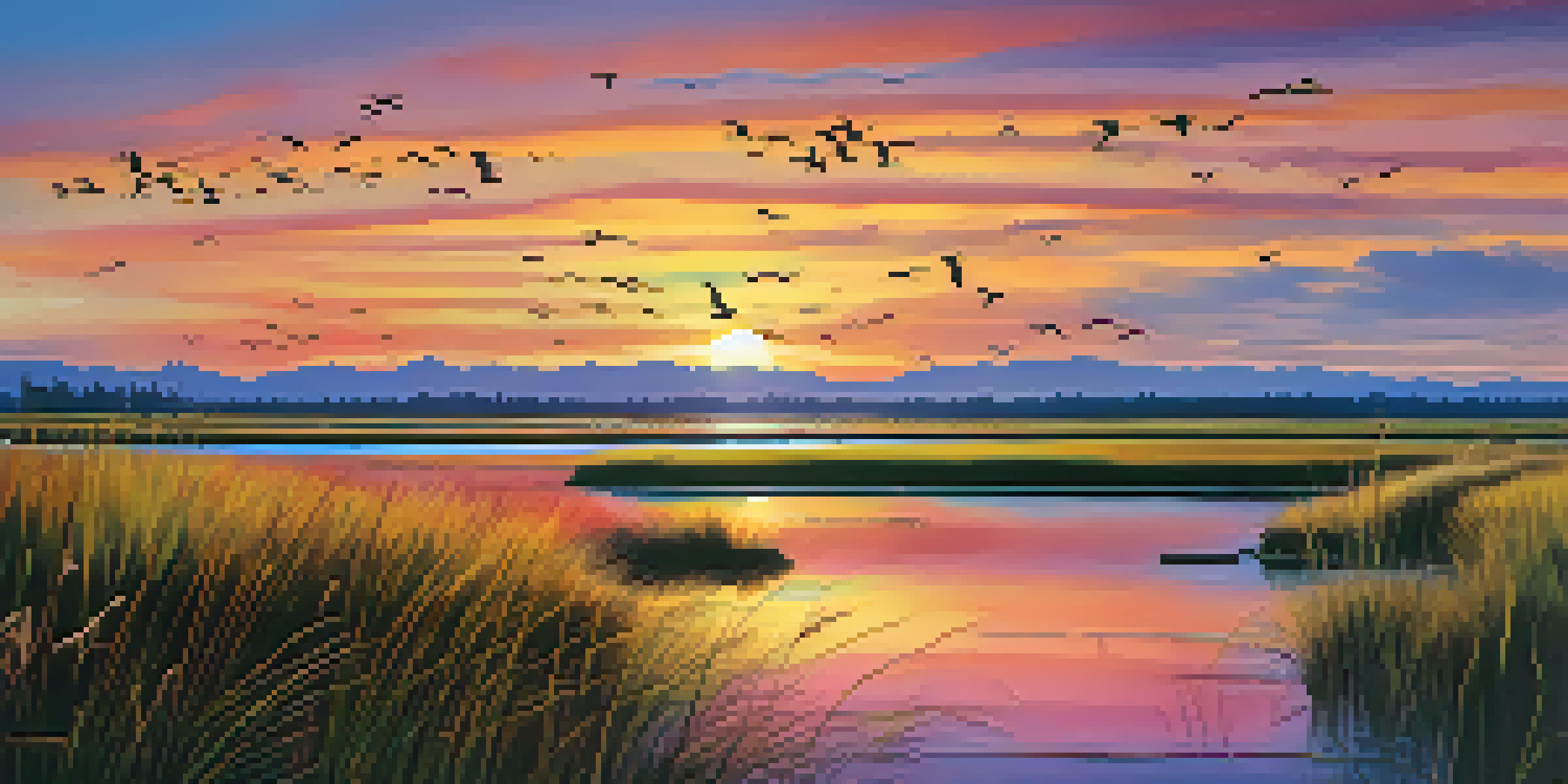 A panoramic view of Oregon's coastal wetlands at sunset with colorful reflections in the water and silhouettes of birds in flight.