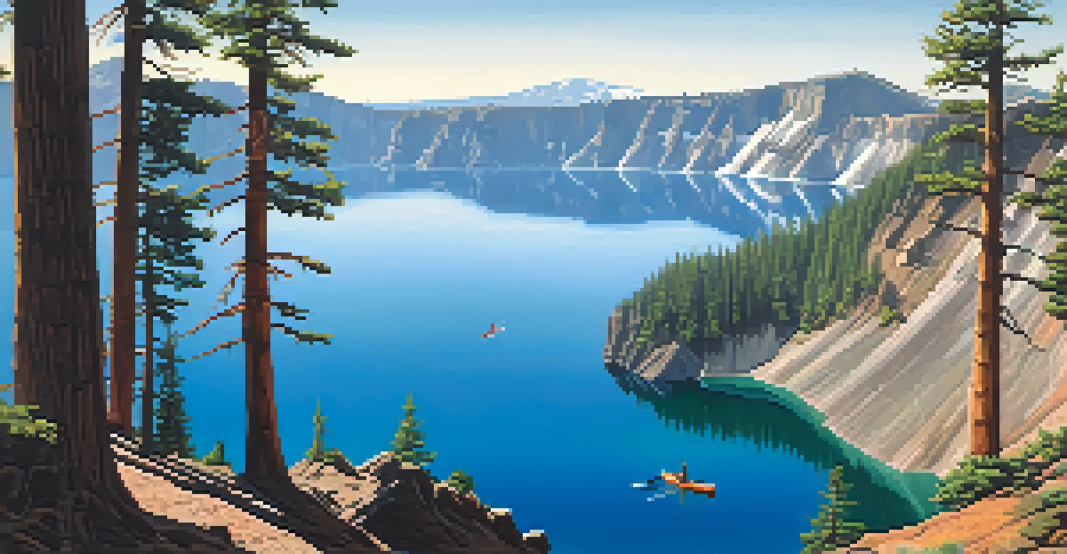 A kayaker paddling on Crater Lake with clear blue water and surrounding cliffs under soft morning light.