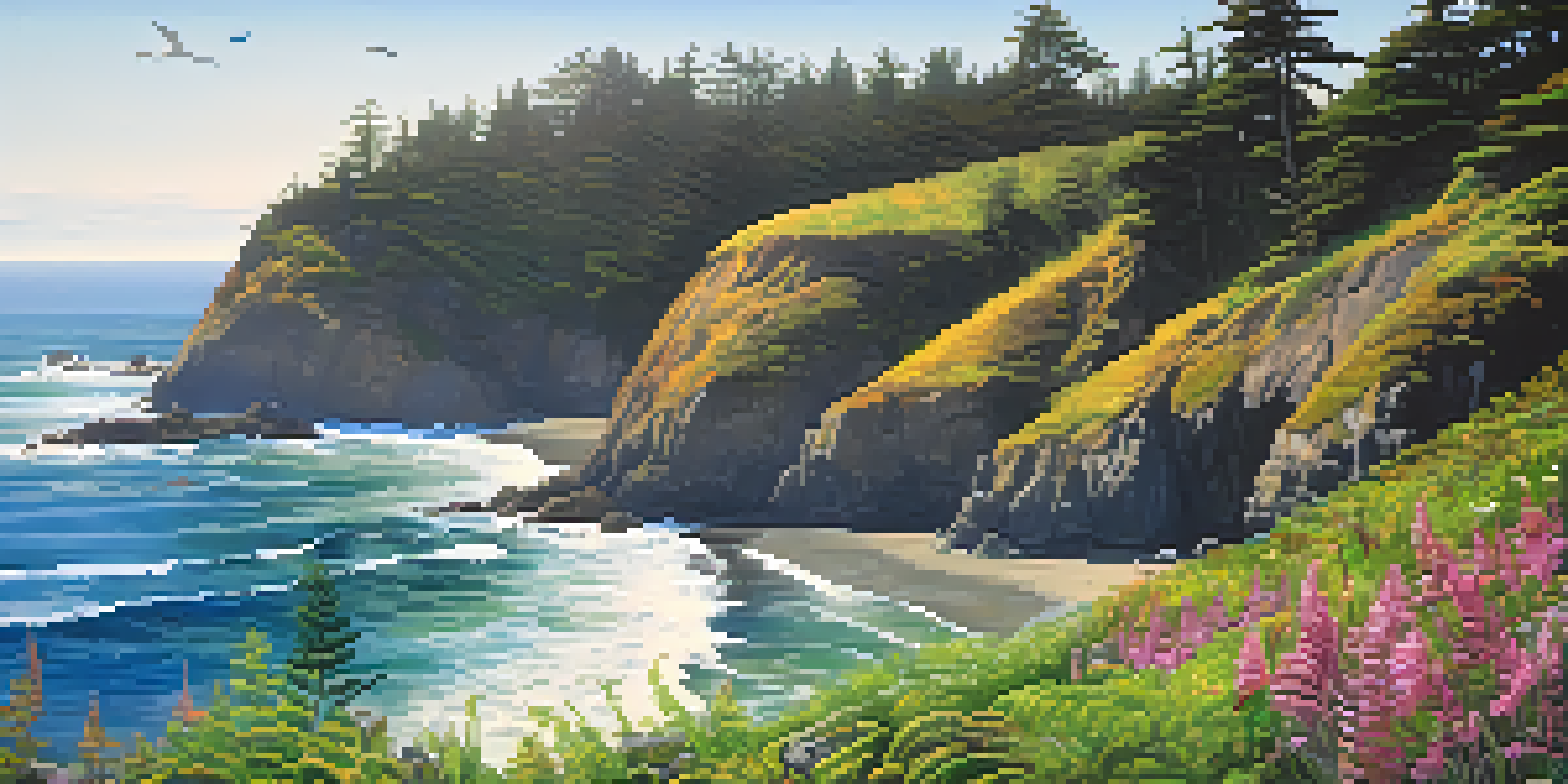 A colorful coastal habitat in Oregon with wildflowers, ferns, and rocky shores under a blue sky.