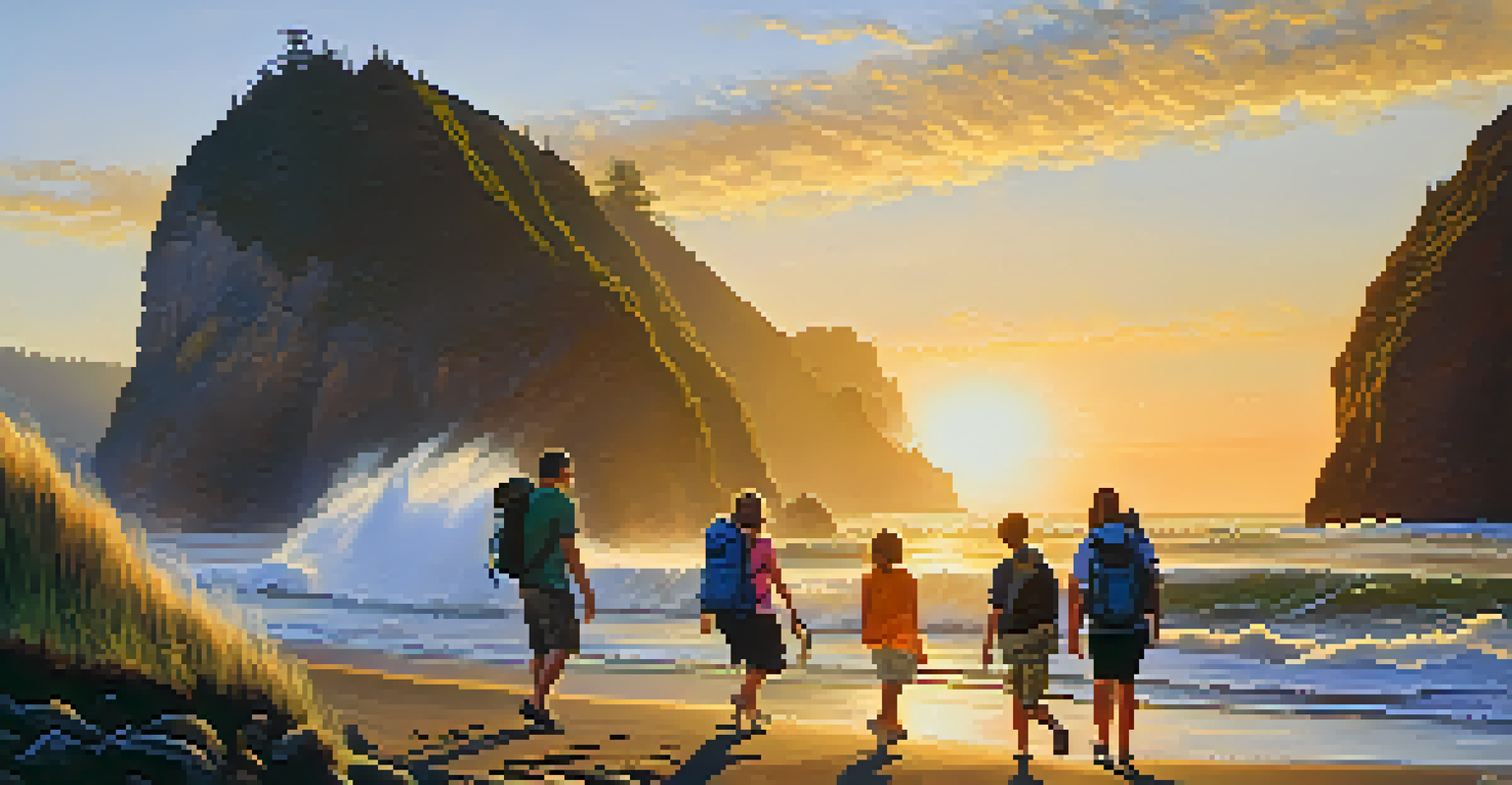 A family hiking along Oregon's coastline during sunset, with dramatic cliffs, crashing waves, and a warm golden light illuminating the landscape.