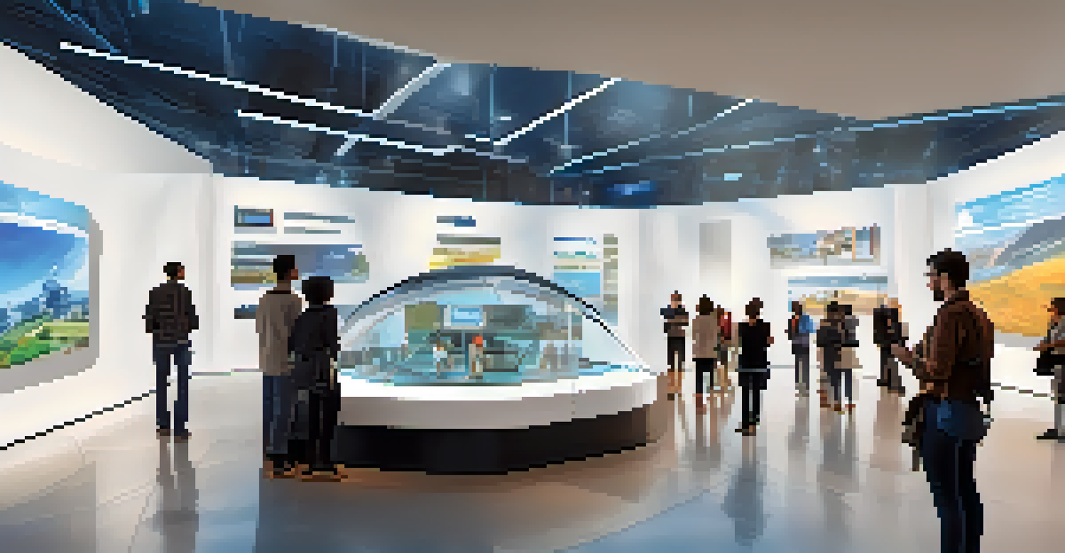 A modern museum featuring digital technology where visitors engage with augmented reality exhibits in a sleek architectural space.