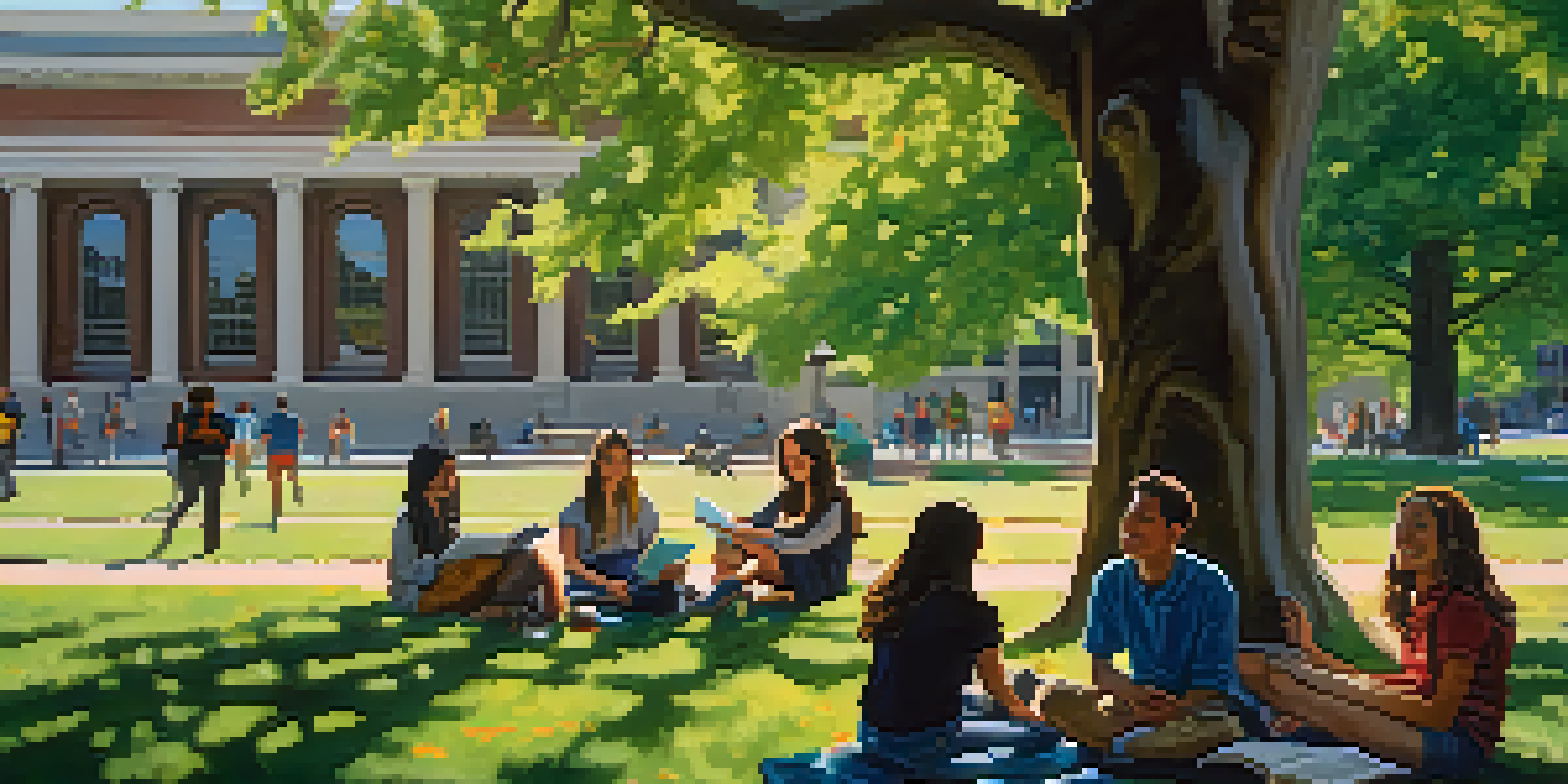 A diverse group of students gathered under a tree on a university campus, discussing and studying together, with a historical building in the background.