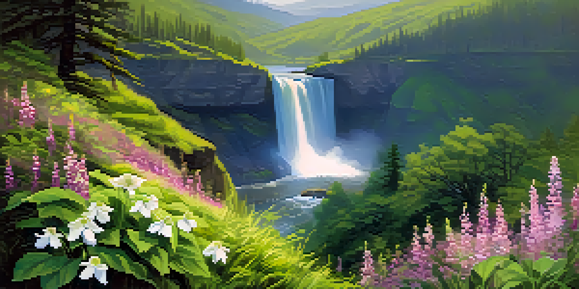 A beautiful view of the Columbia River Gorge in spring with blooming wildflowers and a waterfall.