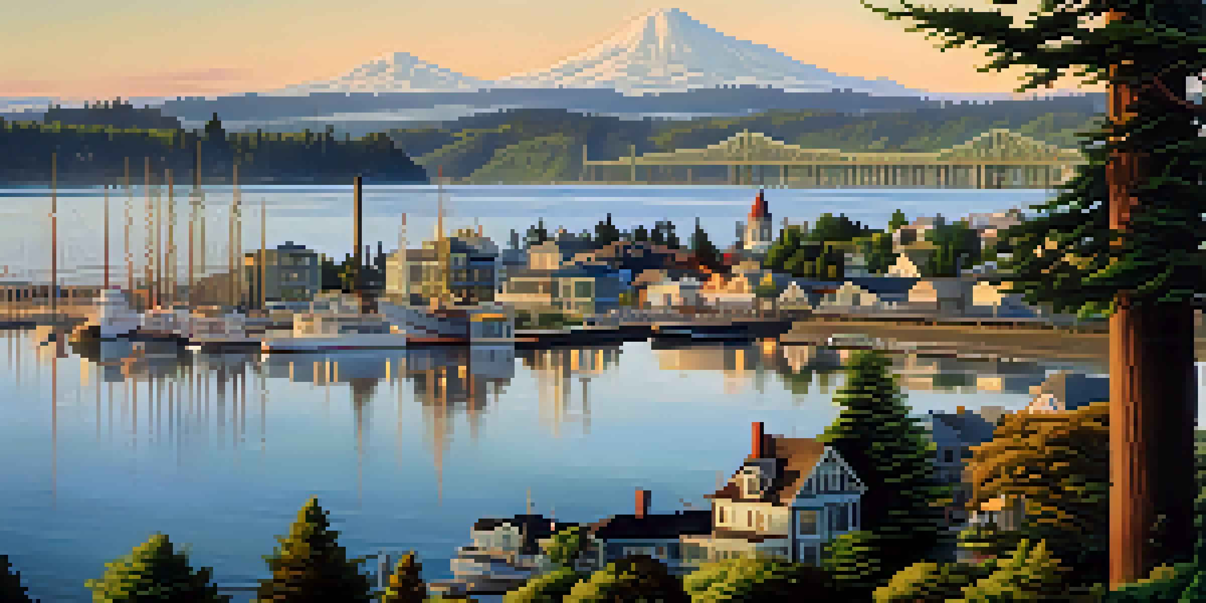 A scenic view of Astoria, Oregon, featuring Victorian architecture and the Columbia River during sunset.