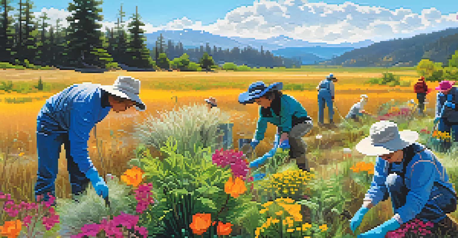 Volunteers participating in a habitat restoration project along a wildlife corridor in Oregon, planting native plants under a clear blue sky.