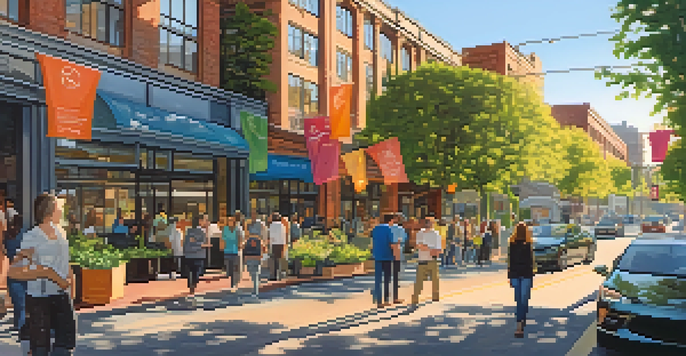 A busy city street in Oregon with diverse people collaborating outside modern tech buildings, surrounded by greenery and colorful banners.